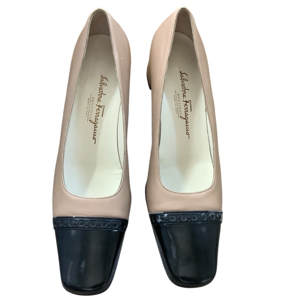 Vintage Salvatore Ferragamo Boutique Black Tan Leather Heels 8.5N Made in Italy